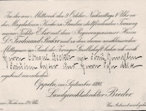 Einladung zur Hochzeit von Else Bieder und Dr. Ferdinand Becker am 9.10.1895 in Oppelnand Becker am 9.10.1895 in Oppeln